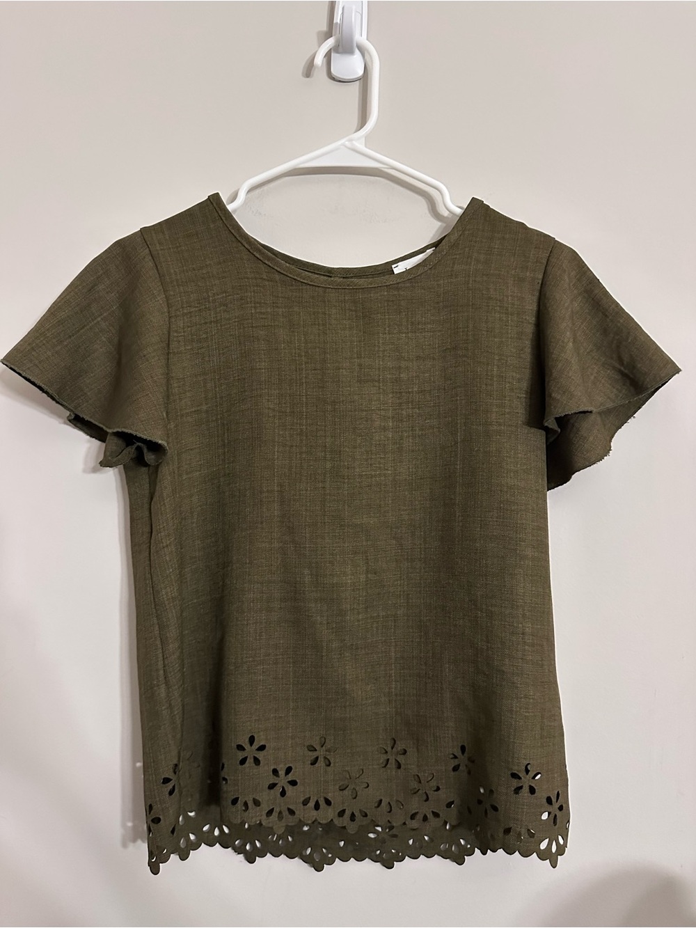 Olive Green Flutter Sleeve Top with Eyelet Hem